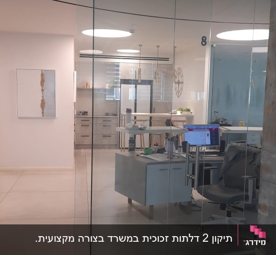 מחיצת זכוכית שקופה ודלת זכוכית במשרד מודרני